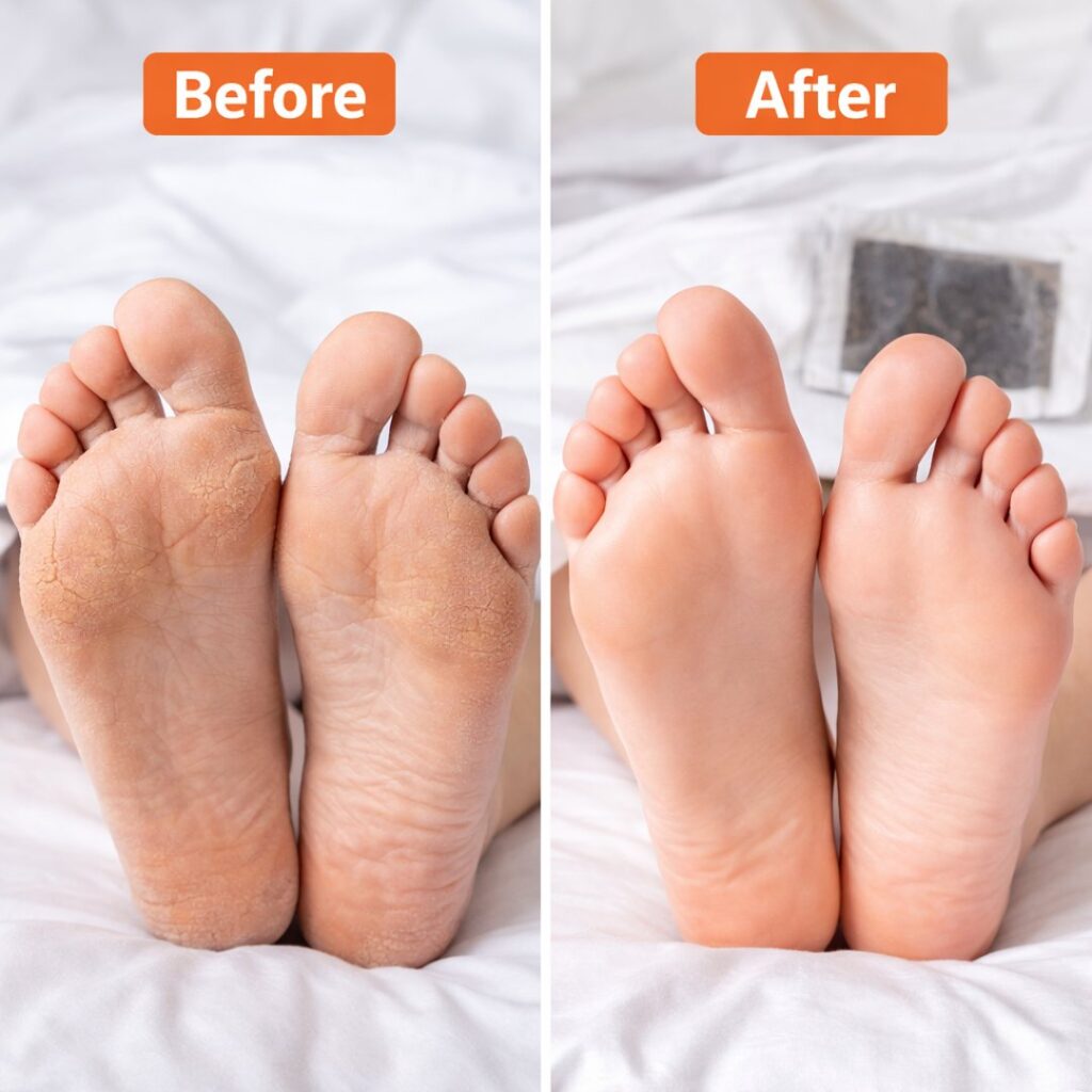 Before and after feet comparison showing visible improvement after using Xitox Footpads review