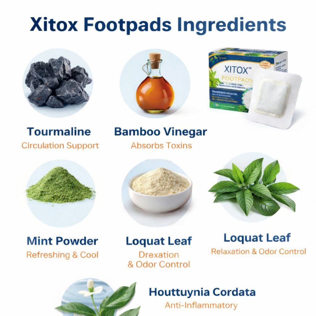 Xitox Footpads ingredients including tourmaline bamboo vinegar mint powder and loquat leaf