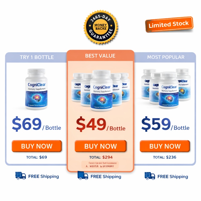 CogniClear review pricing comparison showing 1 bottle 69 dollars 4 bottles 59 each and 6 bottles 49 each with 365 day guarantee