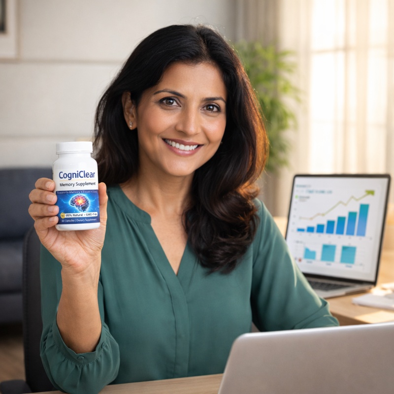 CogniClear review real user holding supplement bottle showing improved focus memory and mental clarity results