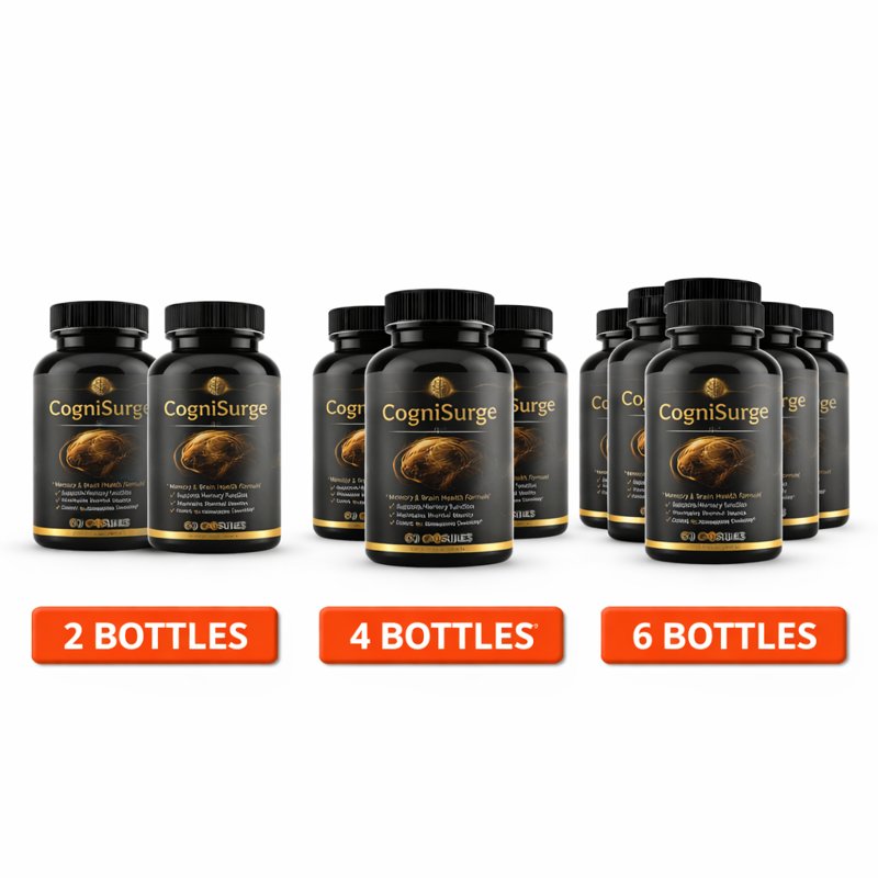 CogniSurge supplement bundle packages showing 2 bottle, 4 bottle, and 6 bottle options