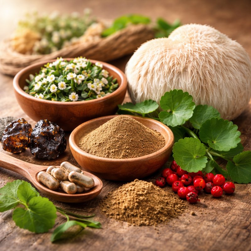 CogniSurge ingredients including Lion’s Mane mushroom, Bacopa Monnieri, and Gotu Kola for brain health