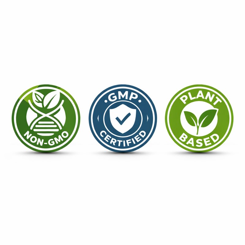 CogniSurge supplement quality badges showing non-GMO, GMP certified, and plant-based formula