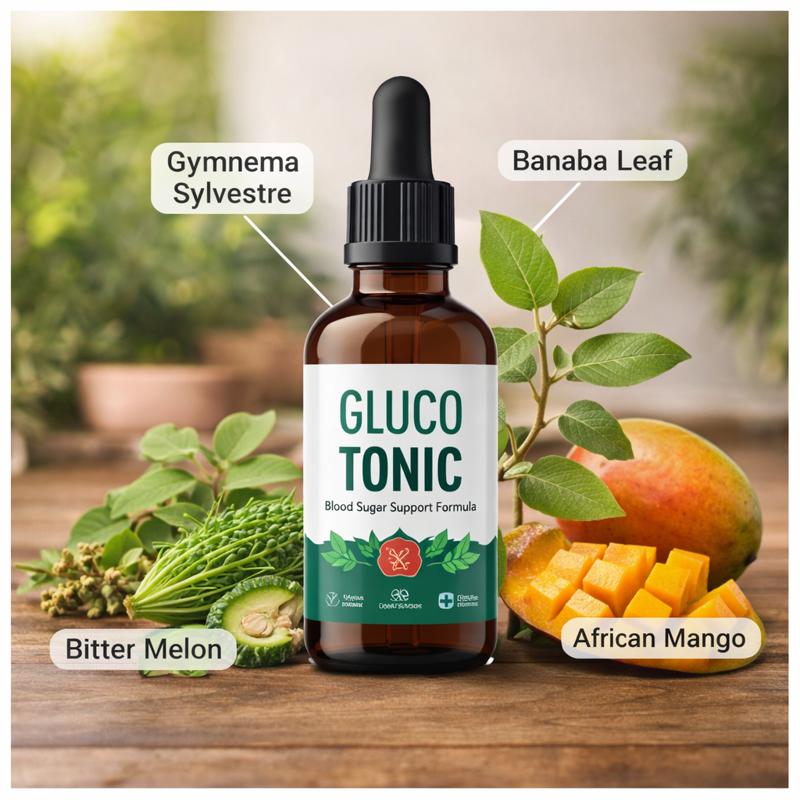 GlucoTonic natural ingredients including Gymnema Sylvestre, Banaba Leaf, Bitter Melon, and African Mango