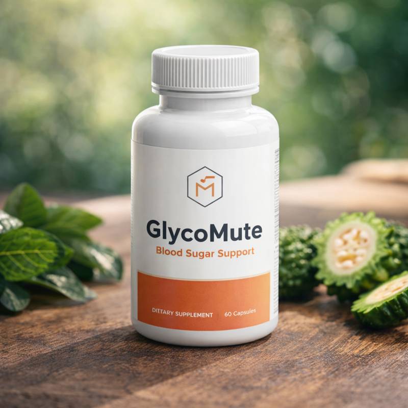 GlycoMute review bottle close up showing natural blood sugar support supplement