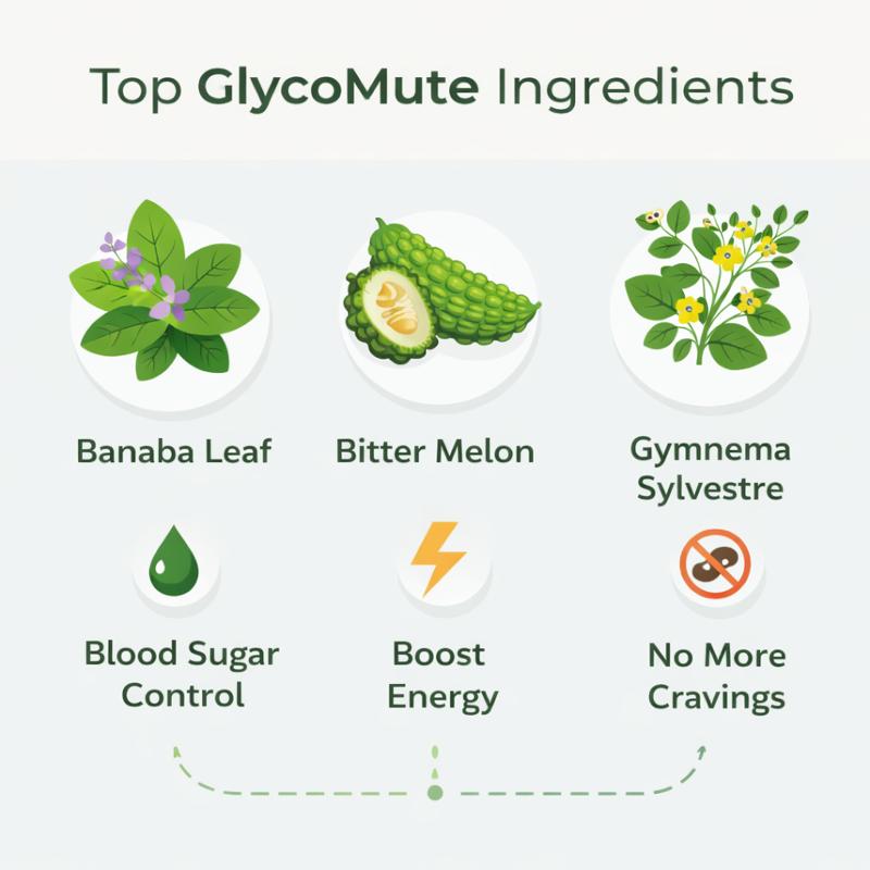 GlycoMute review ingredients infographic showing natural blood sugar support formula