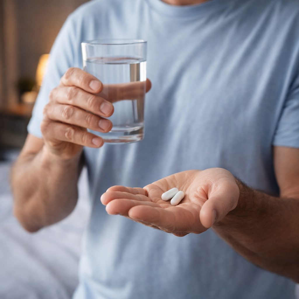 Man taking Prosta Defend capsules with water as part of daily routine