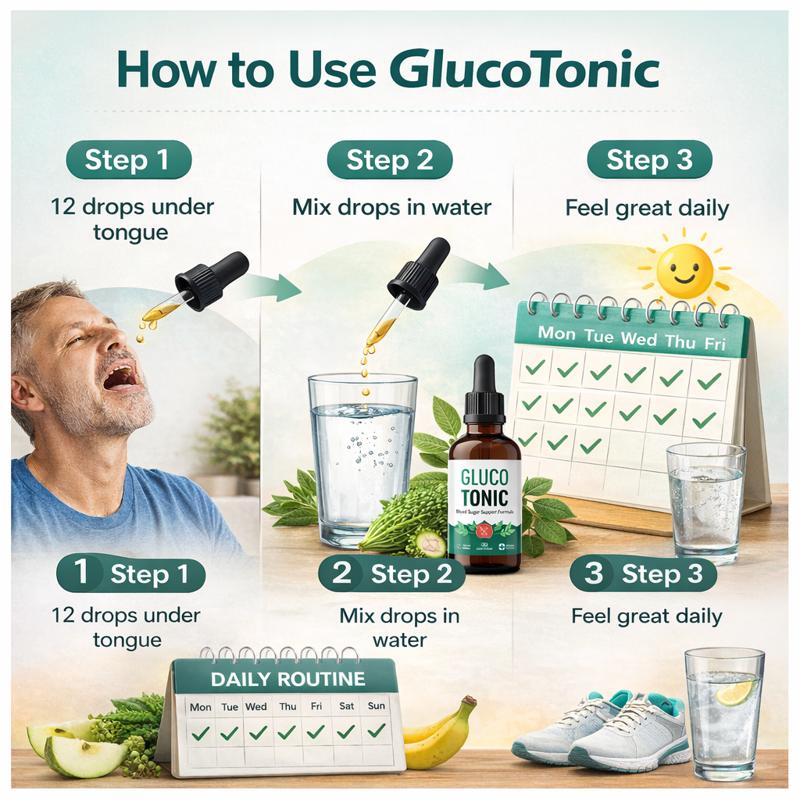 Step-by-step guide showing how to use GlucoTonic drops daily for blood sugar support