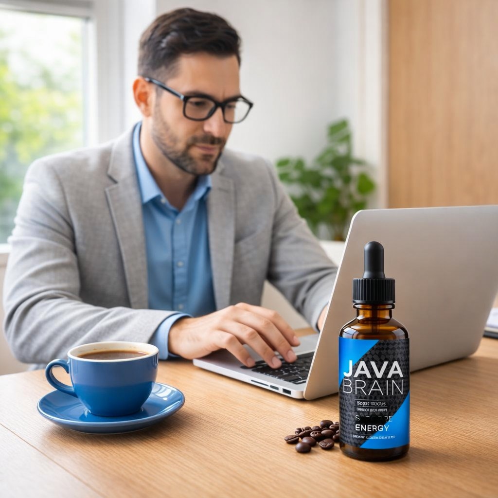 Professional using Java Brain supplement with coffee for focus and productivity review