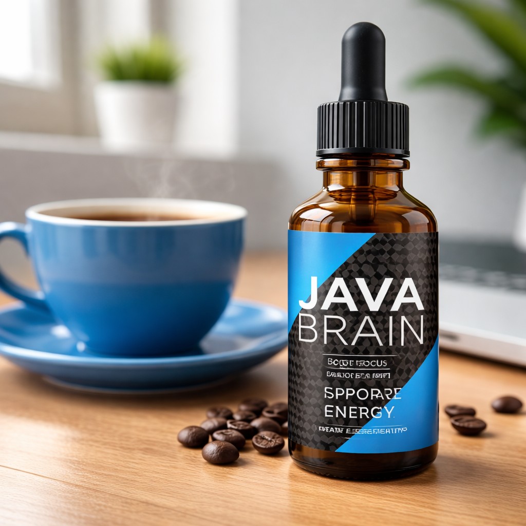 Java Brain review supplement bottle with coffee showing natural brain focus formula