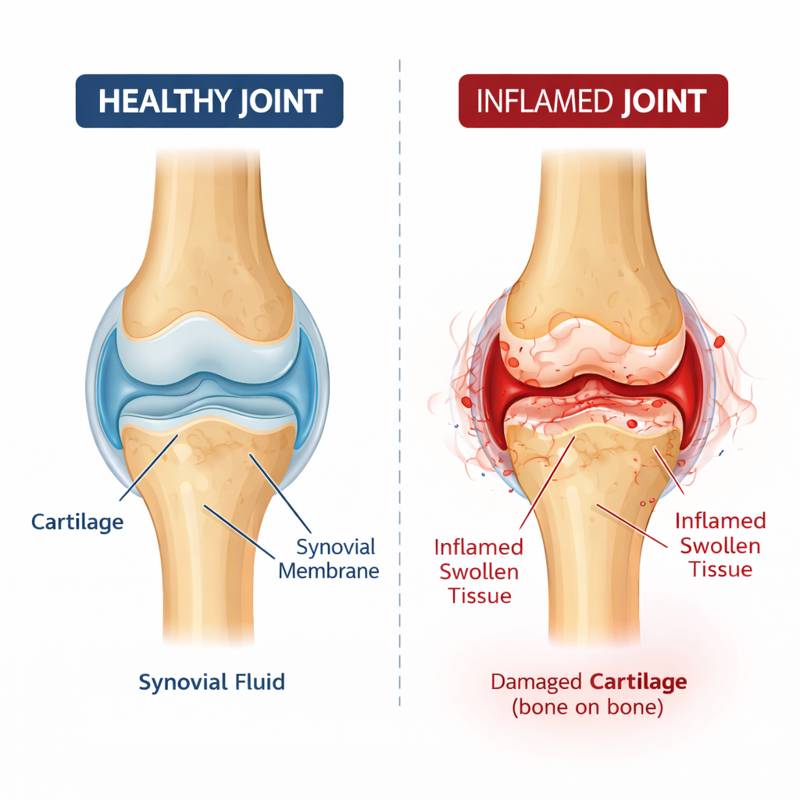 Joint N-11 review showing healthy joint vs inflamed joint illustration explaining joint inflammation and pain relief