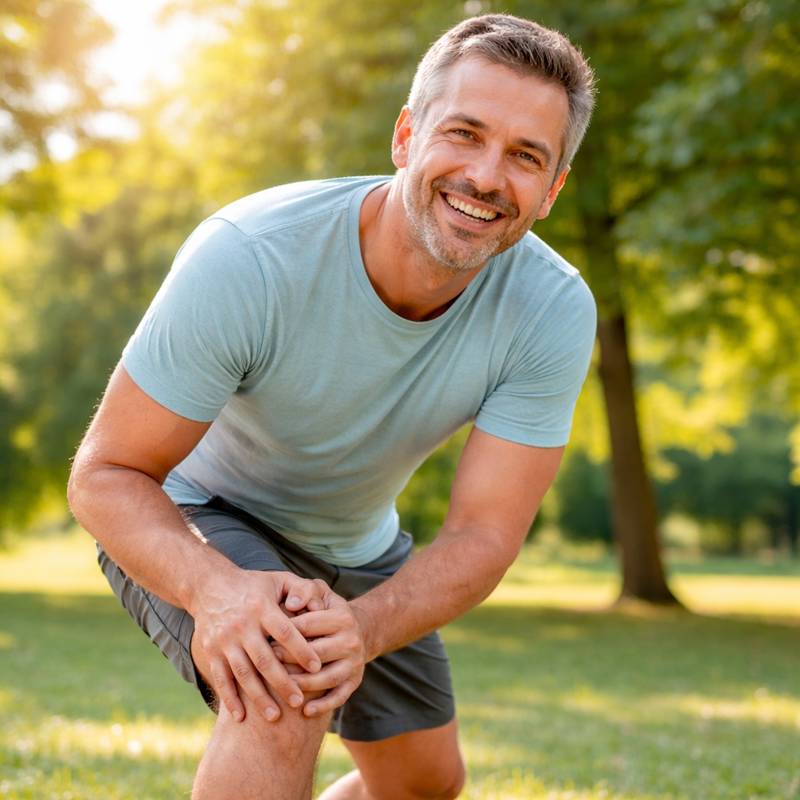 Joint N-11 review showing middle-aged man experiencing joint pain relief and improved knee mobility naturally