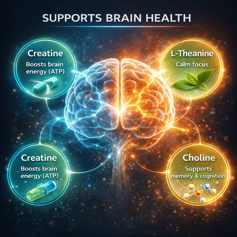 MemoryFuel review infographic showing brain health ingredients creatine L-theanine and choline