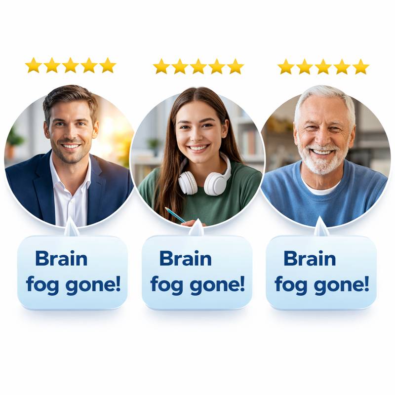 MemoryFuel reviews showing real customer testimonials with 5-star ratings and brain fog improvement