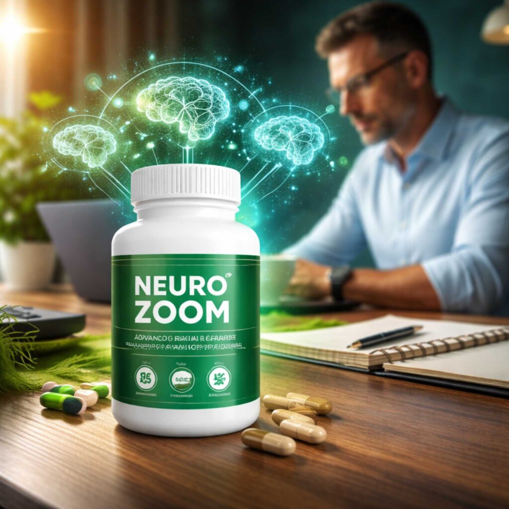 NEUROZOOM brain supplement bottle on desk with glowing brain icons showing focus memory and mental clarity benefits