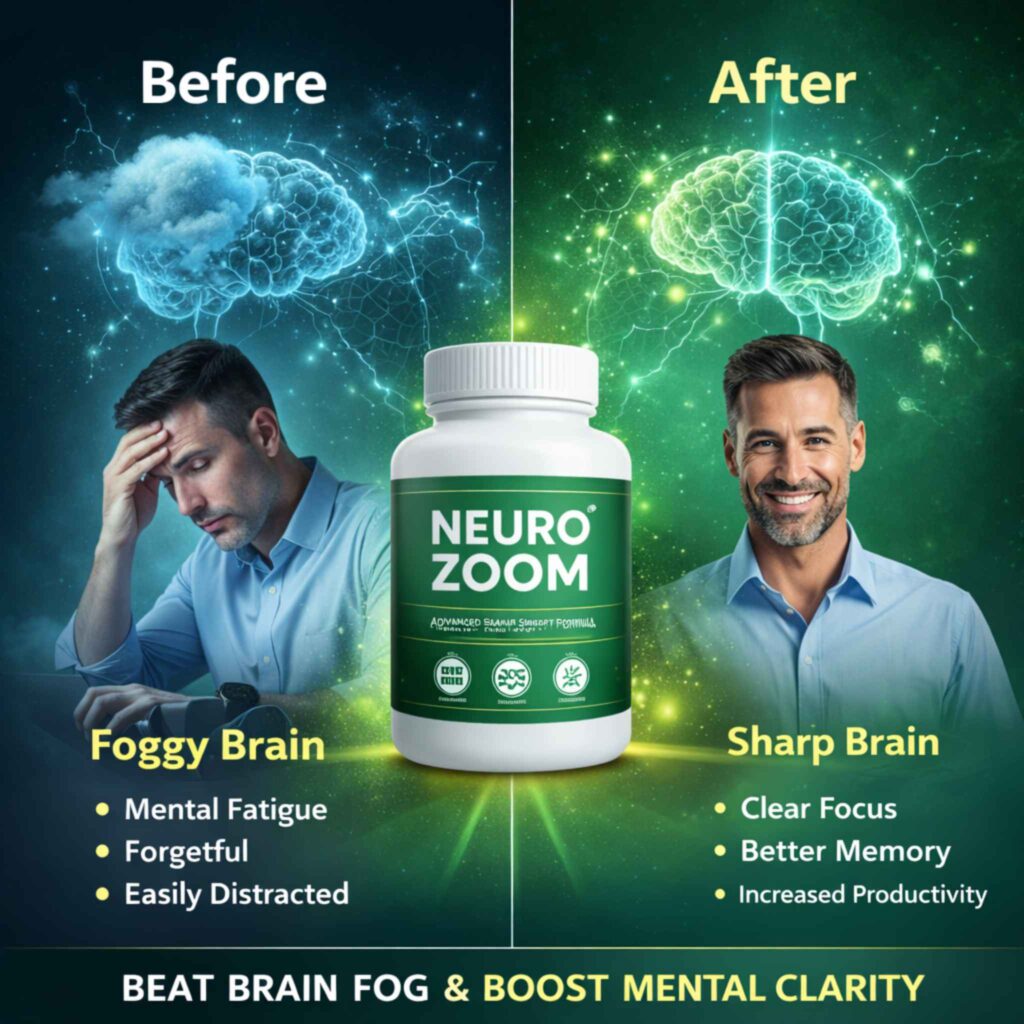 Before and after comparison showing NEUROZOOM brain supplement improving focus memory and mental clarity from brain fog to sharp thinking