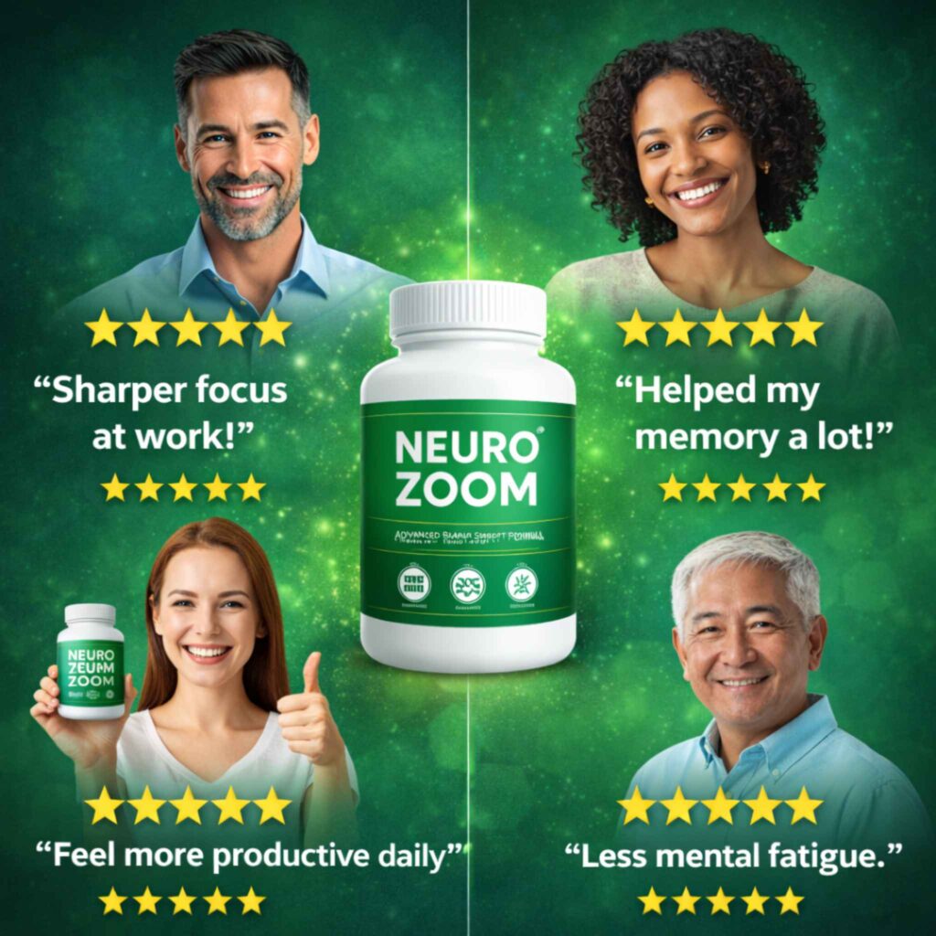 NEUROZOOM review testimonials collage showing happy users five star ratings and positive results for memory focus and mental clarity