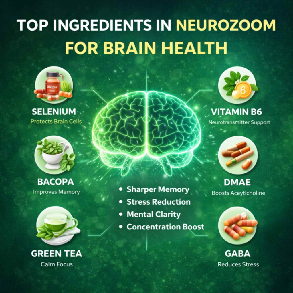 NEUROZOOM ingredients infographic showing brain health benefits of natural formula for focus memory and cognitive support