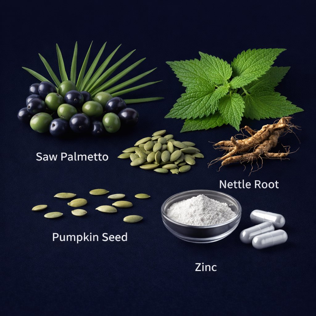 Natural ingredients used in Prosta Defend supplement including saw palmetto and pumpkin seed