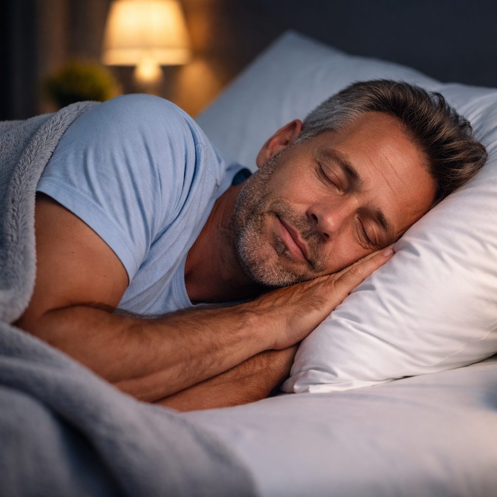 Middle-aged man sleeping peacefully after using Prosta Defend supplement