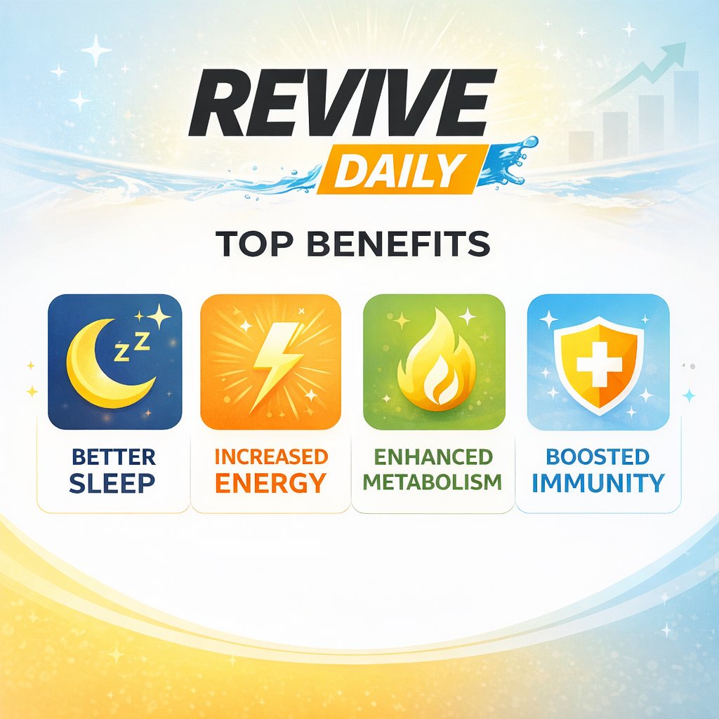 Revive Daily benefits infographic showing sleep energy metabolism and immunity support – Revive Daily review