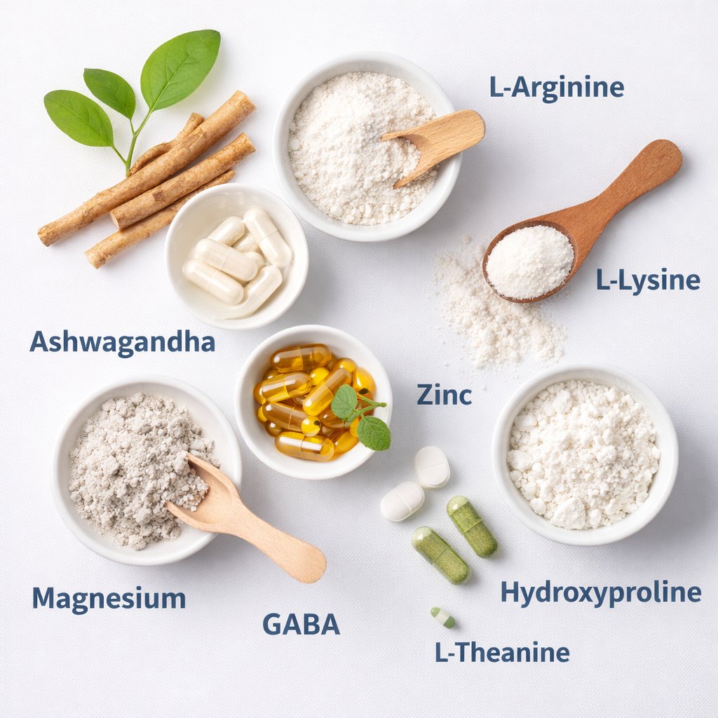 Revive Daily ingredients flat lay showing natural herbs minerals and amino acids used in Revive Daily review