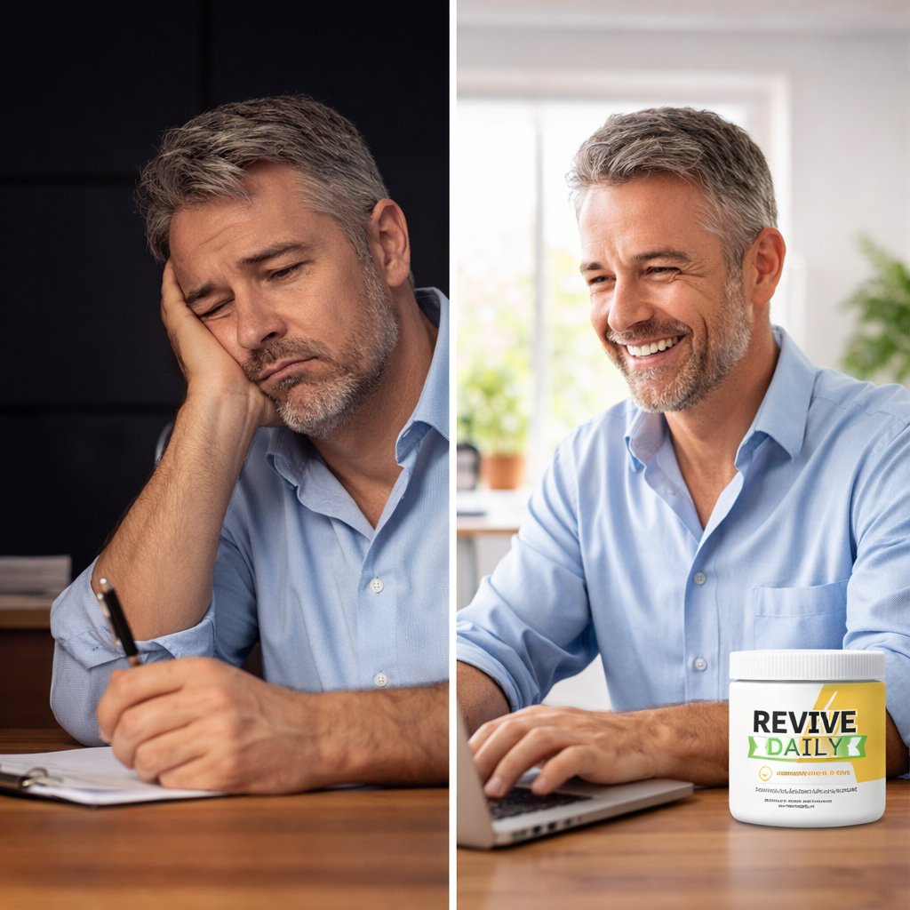 Revive Daily before and after results showing tired vs energized man working after using supplement – Revive Daily review