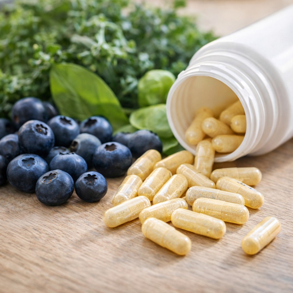 SightFresh review capsules spilling from bottle with blueberries and greens showing natural eye health formula