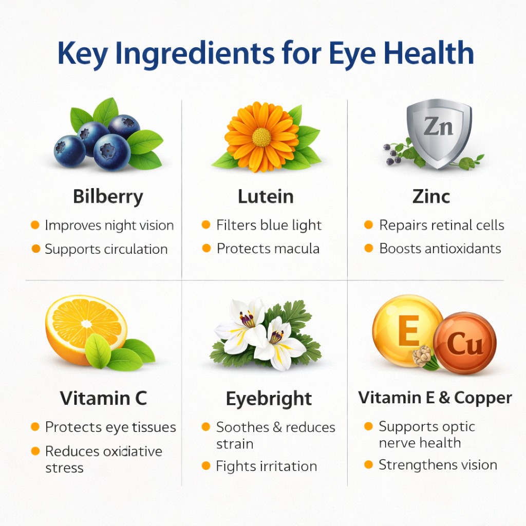 SightFresh review ingredients infographic showing bilberry lutein zinc vitamins benefits for eye health