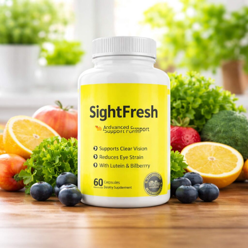 SightFresh review bottle supplement placed on table with fruits showing natural vision support formula