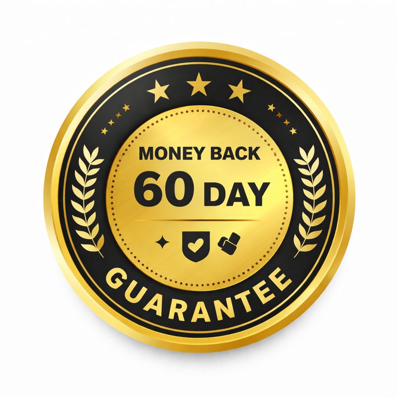 SonoVive review showing 60 day money back guarantee badge for risk free hearing support supplement