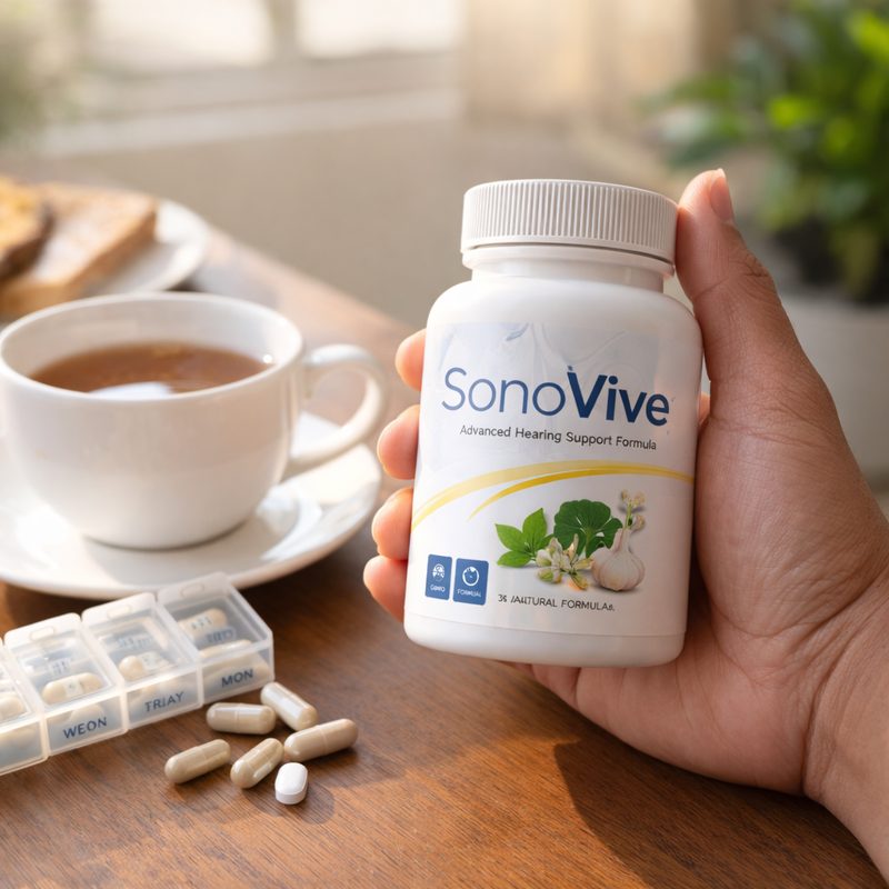 SonoVive review showing daily use of natural hearing support supplement during morning routine