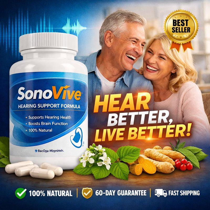 SonoVive review featured image showing natural hearing support supplement and happy couple with improved hearing