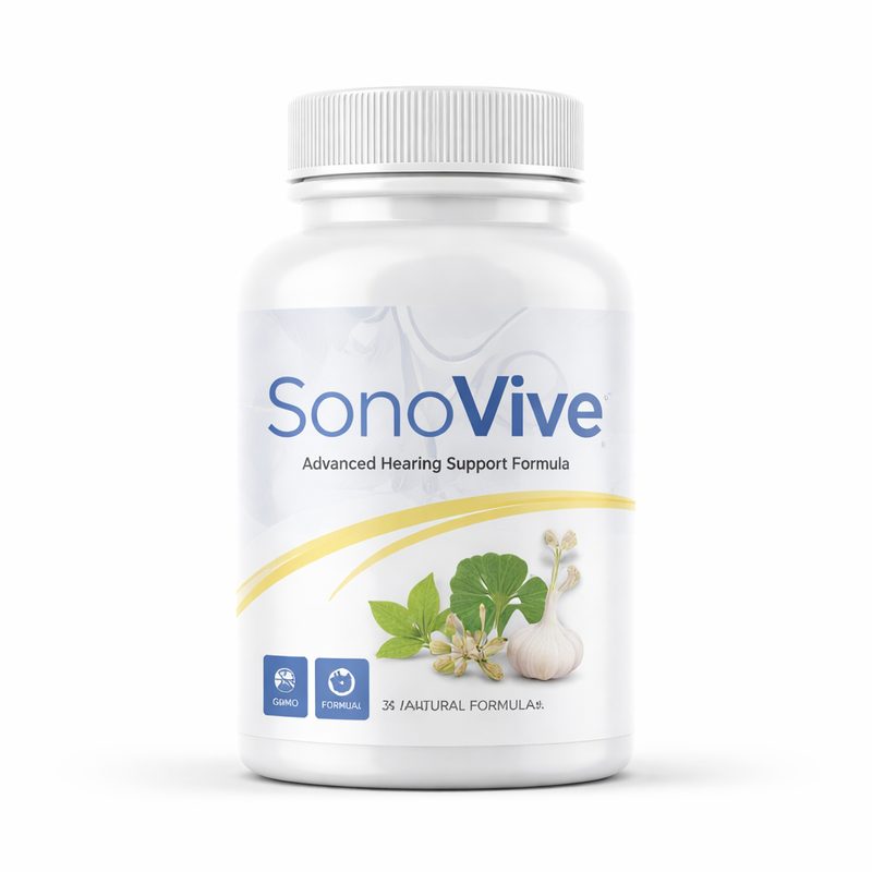 SonoVive review showing natural hearing support supplement bottle for improved hearing and brain health