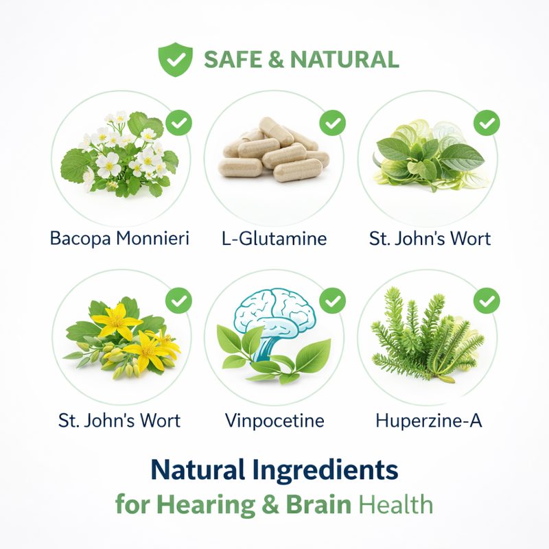 SonoVive review infographic showing safe and natural ingredients used for hearing support and brain health