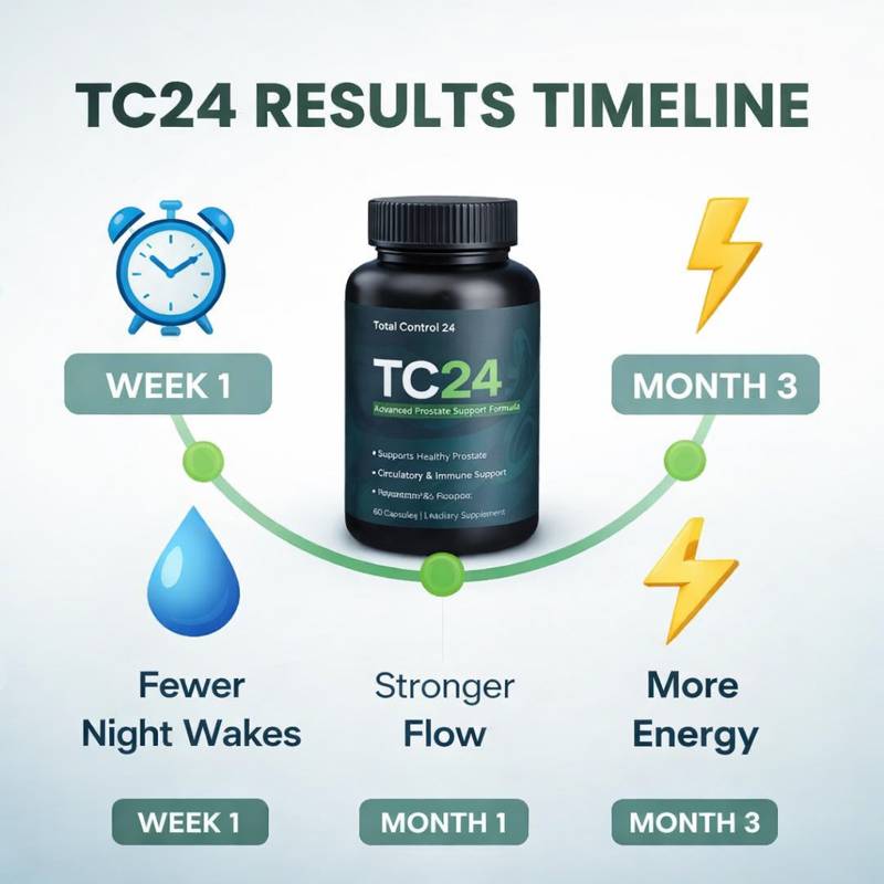 TC24 review results timeline showing prostate improvement from week 1 to month 3