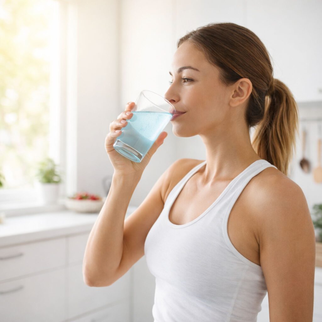 Woman drinking Aquaburn supplement water during morning routine for metabolism and weight loss support
