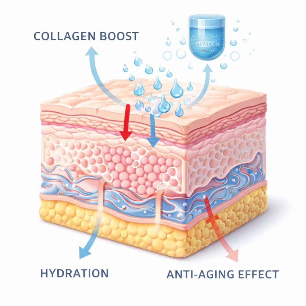 Synevra UltraLift review skin layers diagram showing collagen boost hydration and anti aging effect for wrinkle reduction and skin rejuvenation