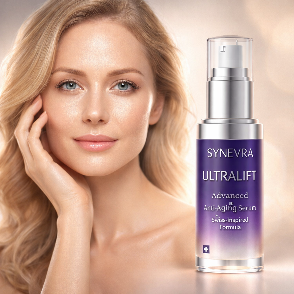 Synevra UltraLift serum bottle with glowing skin model anti aging skincare product for wrinkle reduction and youthful skin