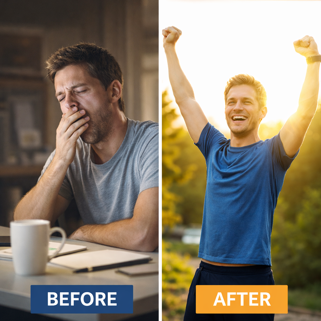 Advanced Mitochondrial review before and after energy transformation showing reduced fatigue and improved daily energy levels