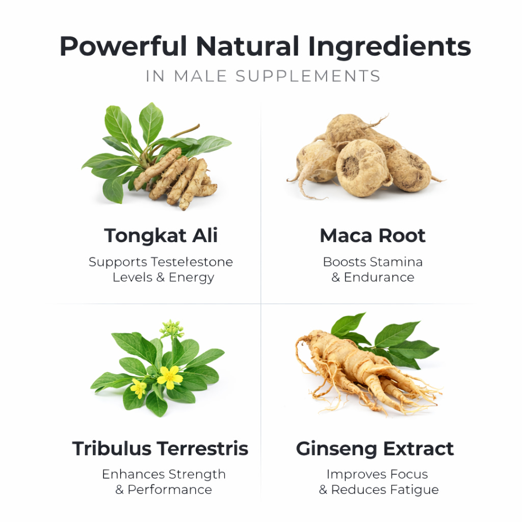 Alpha Surge ingredients review showing natural male supplement herbs like tongkat ali, maca root, tribulus terrestris and ginseng for energy and stamina support
