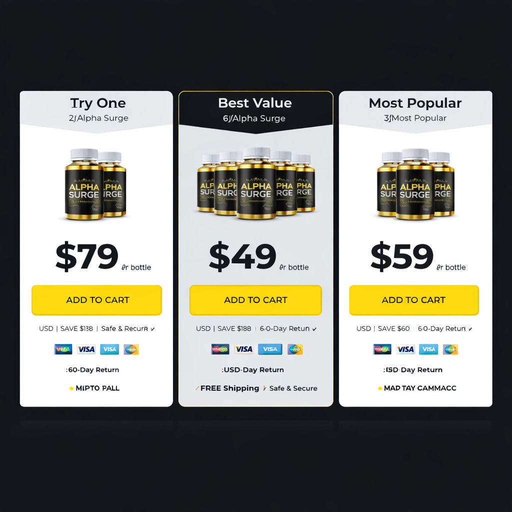 Alpha Surge price packages review showing discount offers for 1 bottle 3 bottles and 6 bottles best value supplement pricing plans