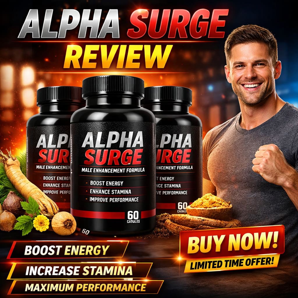Alpha Surge review showing supplement bottles benefits energy stamina performance results and pricing discount offer