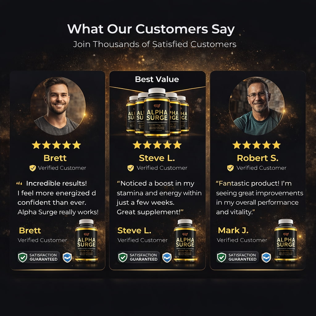 Alpha Surge reviews and testimonials showing five star customer feedback and user satisfaction for natural male performance supplement