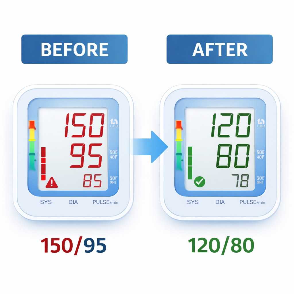 Bazopril review before and after blood pressure results showing drop from 150/95 to 120/80 after using Bazopril supplement