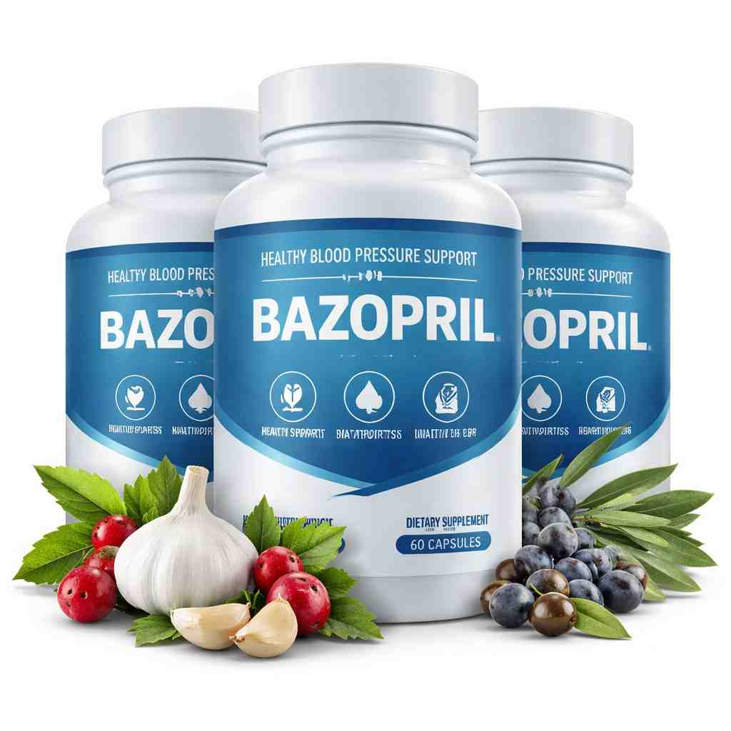 Bazopril supplement bottle for natural blood pressure support with herbal ingredients like garlic and hawthorn berry