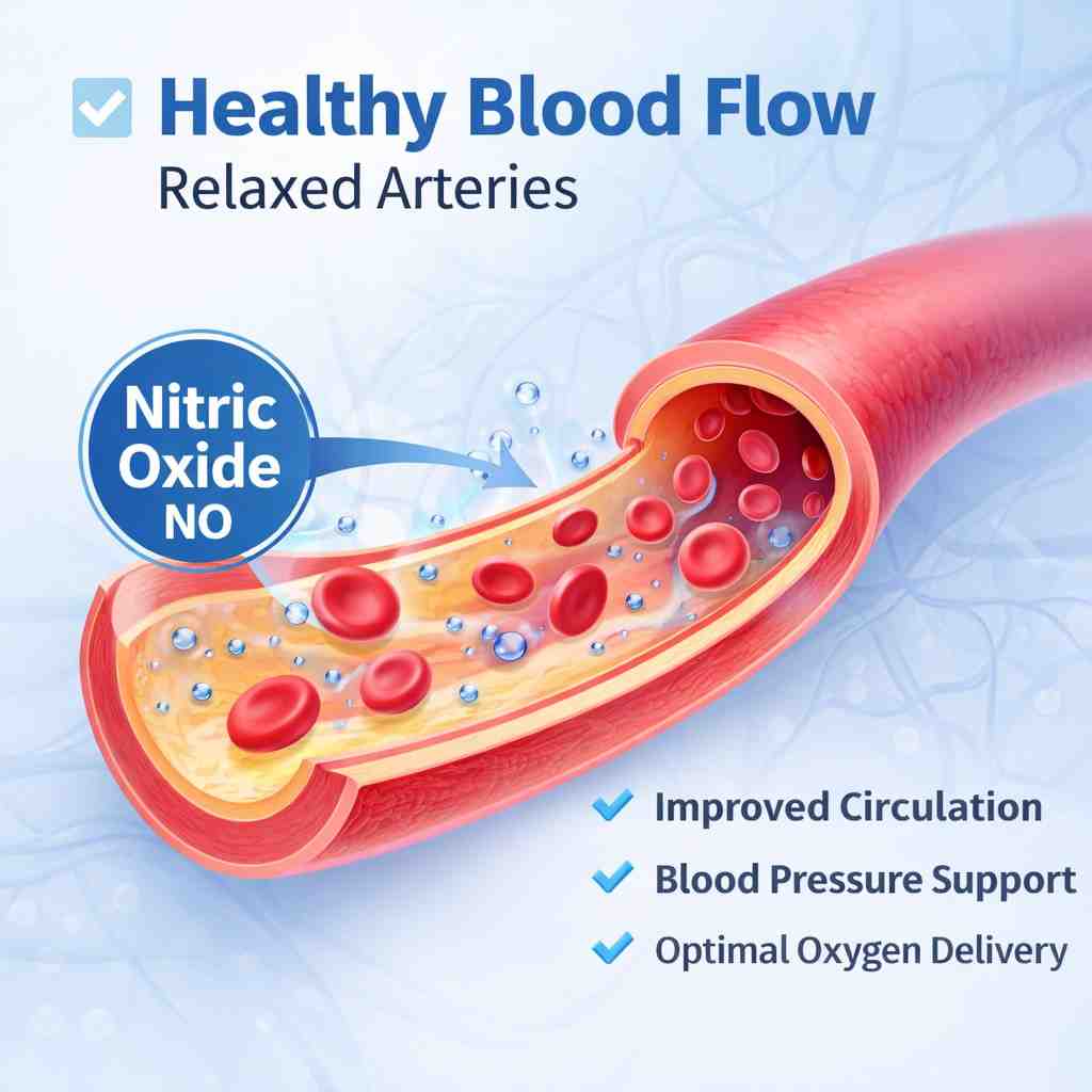Bazopril review nitric oxide blood flow illustration showing relaxed arteries and improved circulation for healthy blood pressure