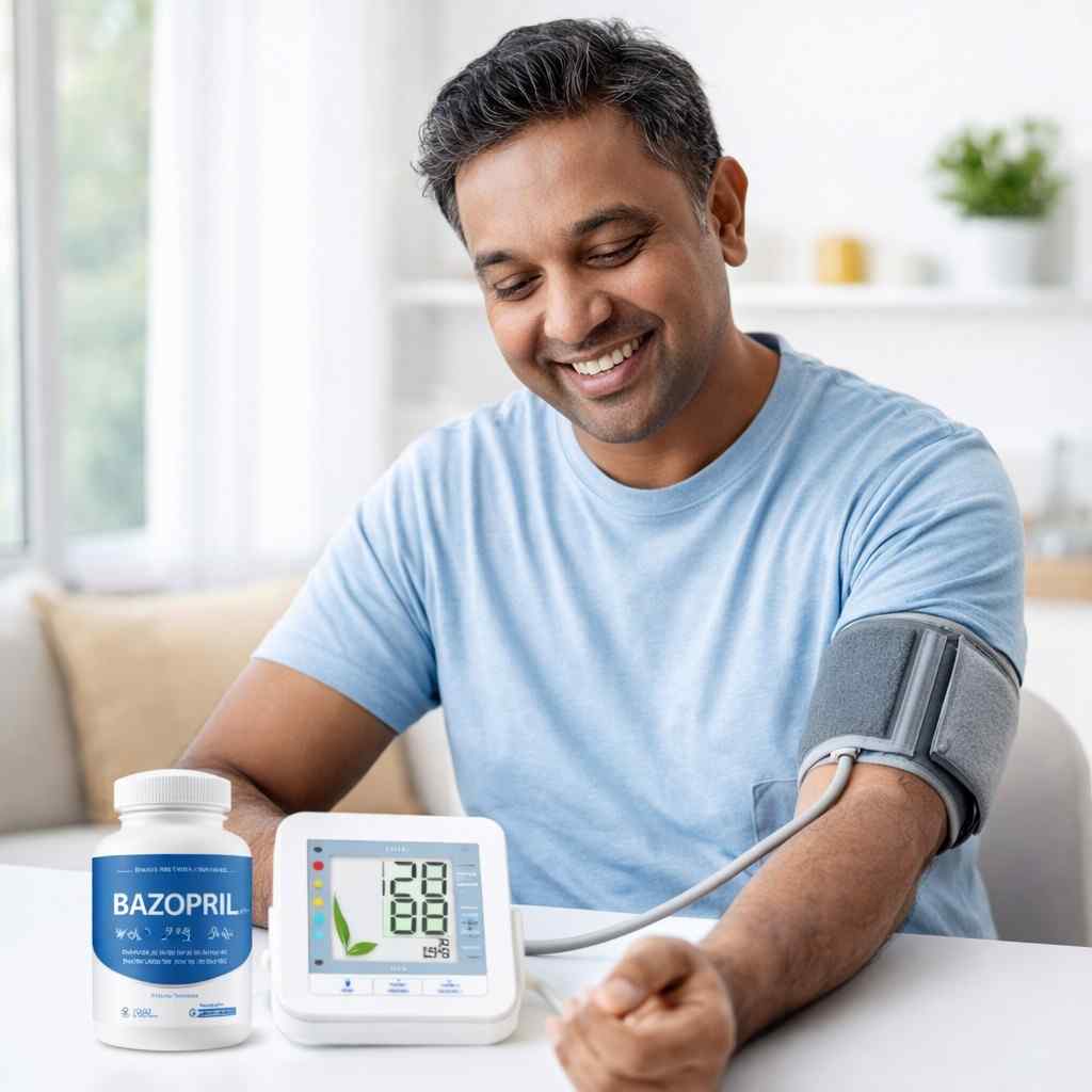 Bazopril review man checking normal blood pressure at home after using natural blood pressure supplement Bazopril
