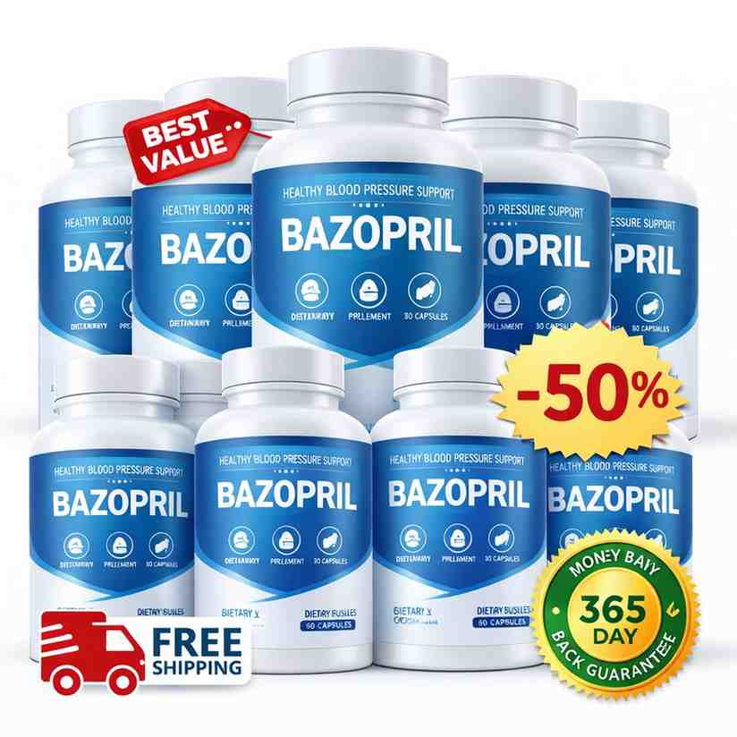 Bazopril review supplement bottles with discount offer and 365 day money back guarantee for natural blood pressure support