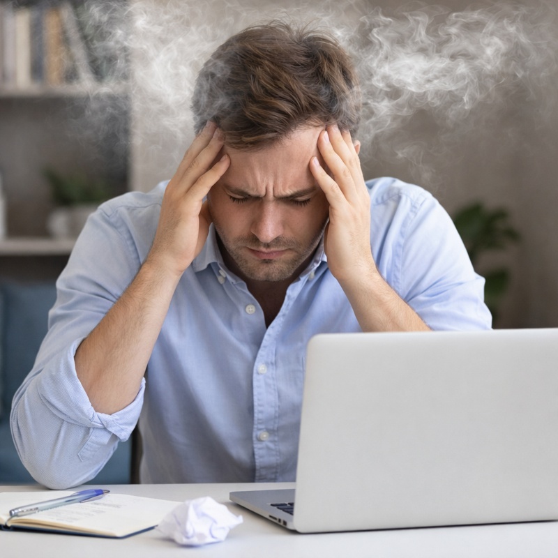 Brain C-13 review concept showing person experiencing brain fog and difficulty concentrating while working on laptop